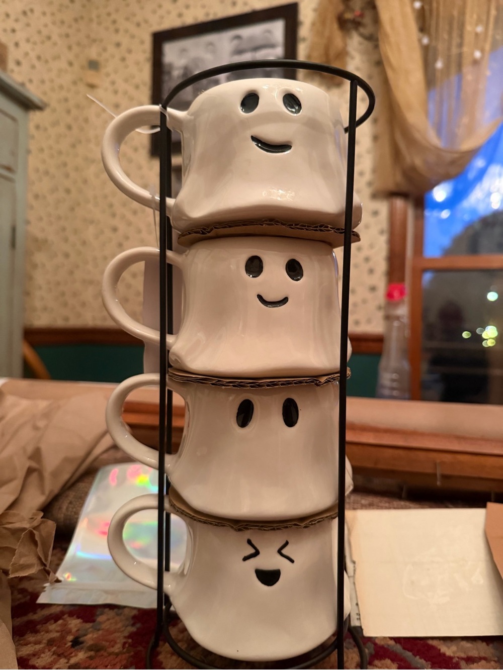 Stackable White Ceramic Ghost Mugs with Black Rack - Home Kitchen